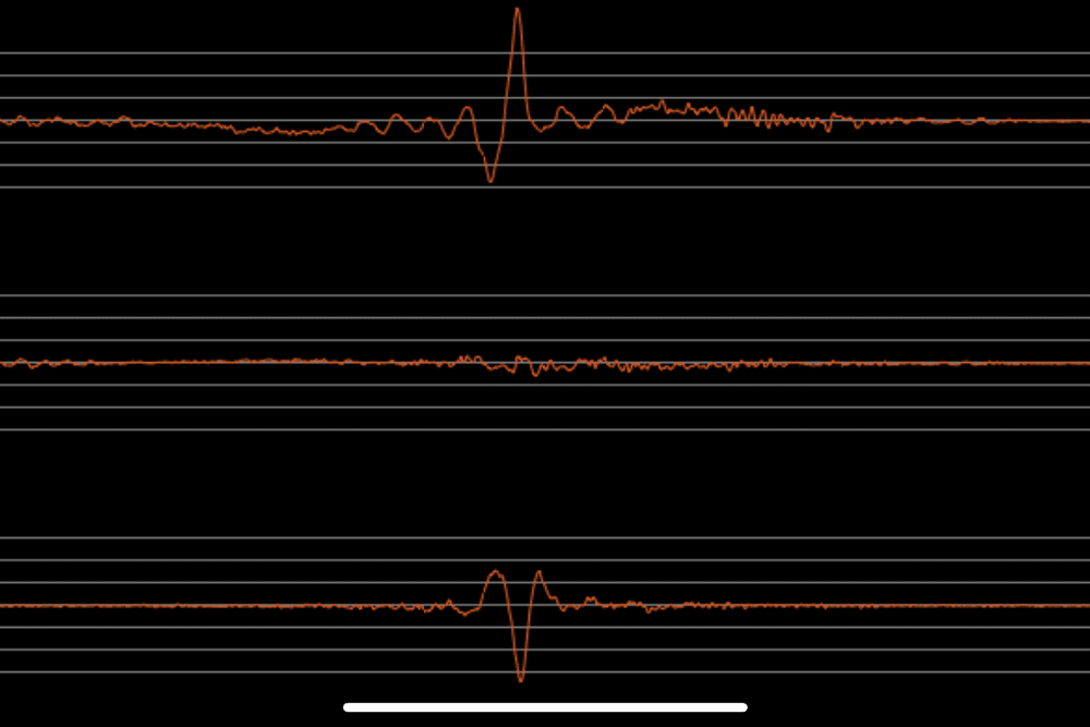 Lines on a seismograph showing small spikes in movement