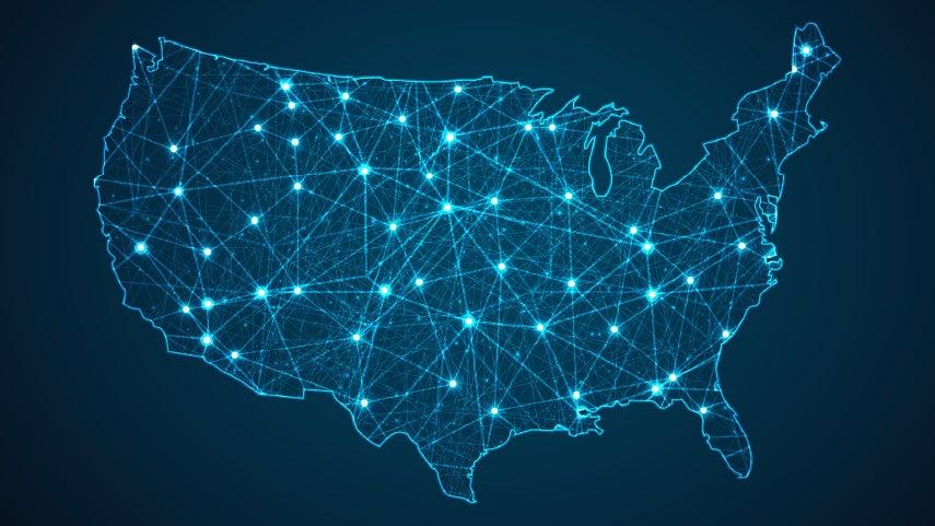 U.S. map with blue lighted pinpoints for cities