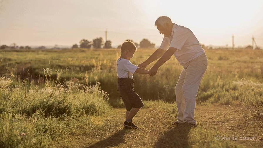 An older man and a boy are holding hands and playing in a field during sunset. The man, dressed in light-colored clothing, leans forward while holding the boy's hands, and the boy, dressed in a white shirt and dark shorts, leans back playfully. The background features a lush green field with wildflowers and soft, golden light illuminating the scene. The image is credited to Mariia Sokor.
