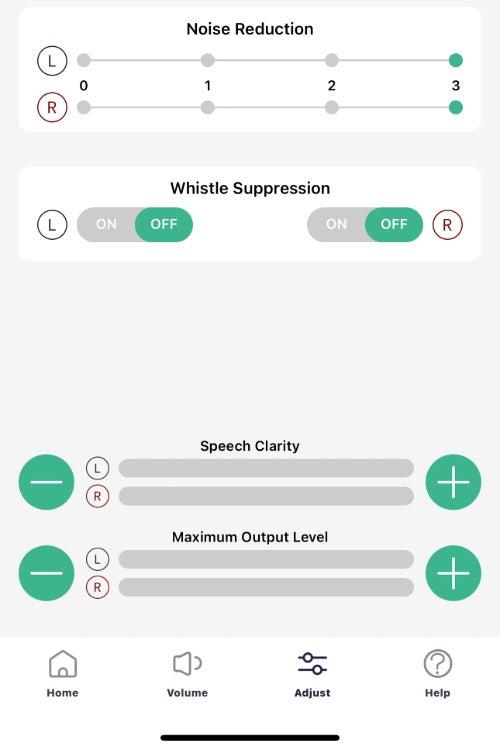A screenshot of the Soundbright app showing the ability to customize noise reduction, whistle suppression, and more.