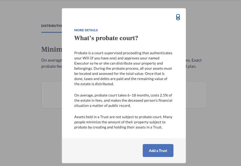 Trust & Will pop-up defining probate court