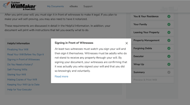 Pop-up explaining signing a will in front of witnesses