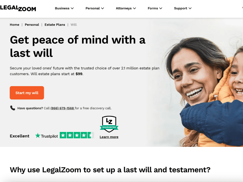 Homepage of Legal Zoom