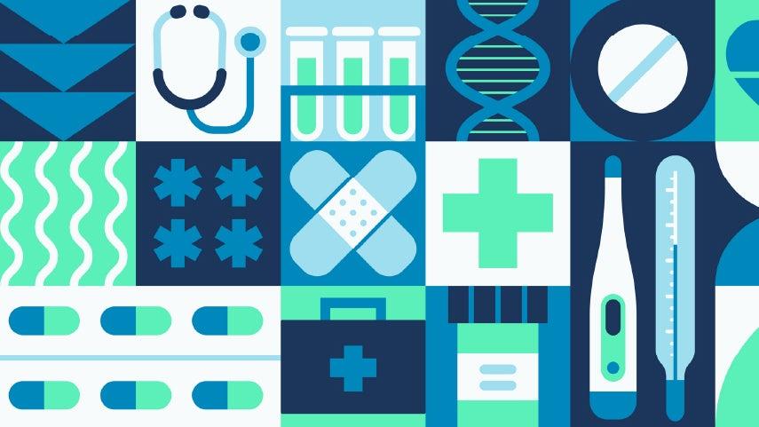 A green and light blue infographic with a bunch of boxes with medical symbols inside them.