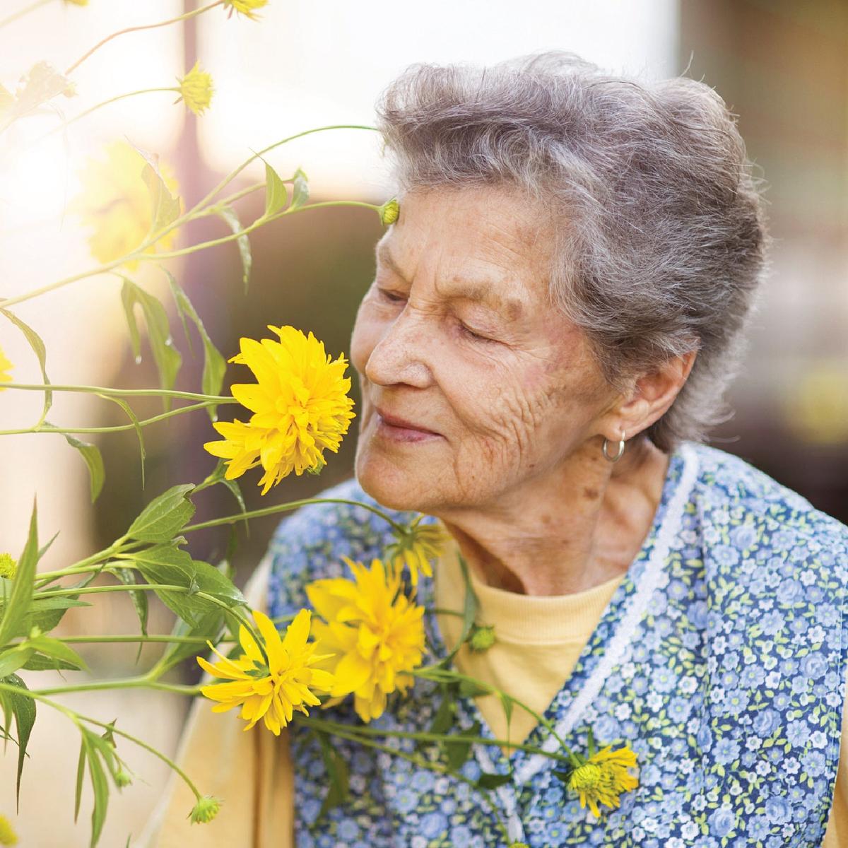 A senior woman is smelling a flower in the spring.