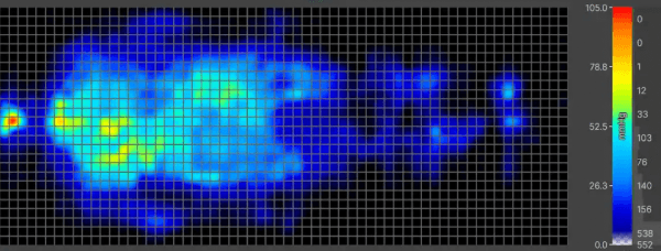 Pressure map image of a person lying on their back on the Helix Midnight Luxe showing very little pressure buildup
