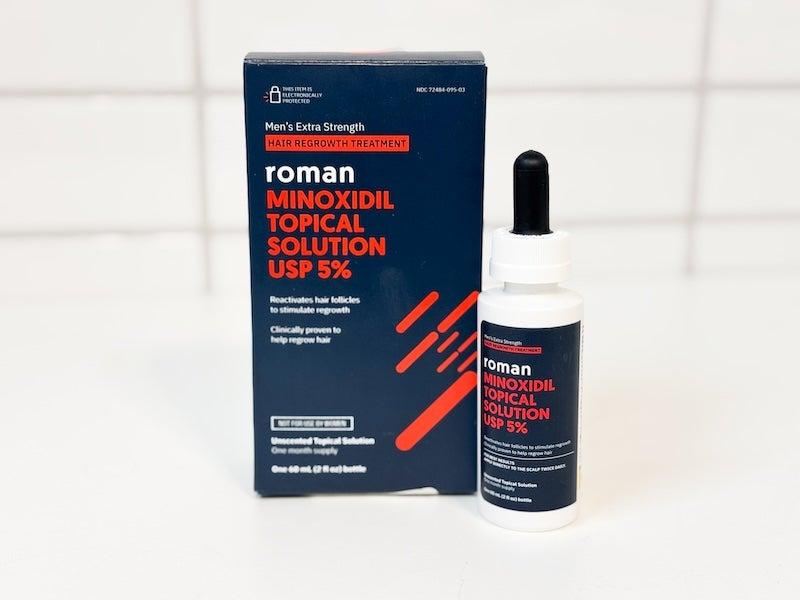 A box and bottle of Ro’s Topical Minoxidil Solution