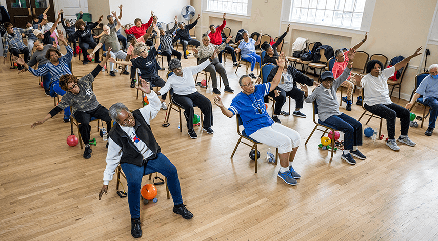 seated exercise class at a senior center
