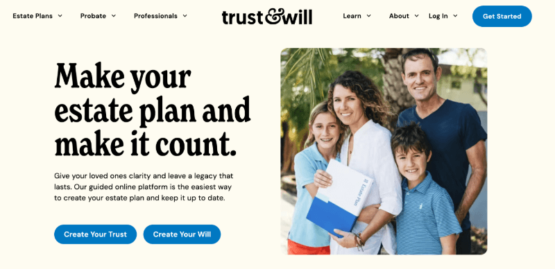 Trust & Will homepage with smiling family