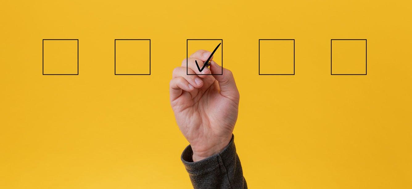 A checklist of five items where the item in the center is marked complete. Checklist is on a yellow background.