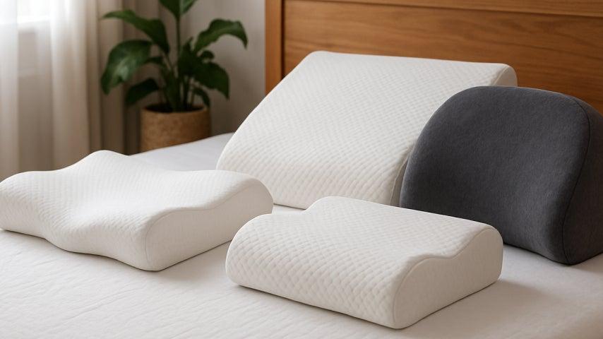 Four differently-shaped pillows lying on a mattress