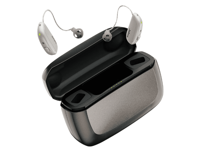 The Jabra Enhance Select 700 hearing aids and charger