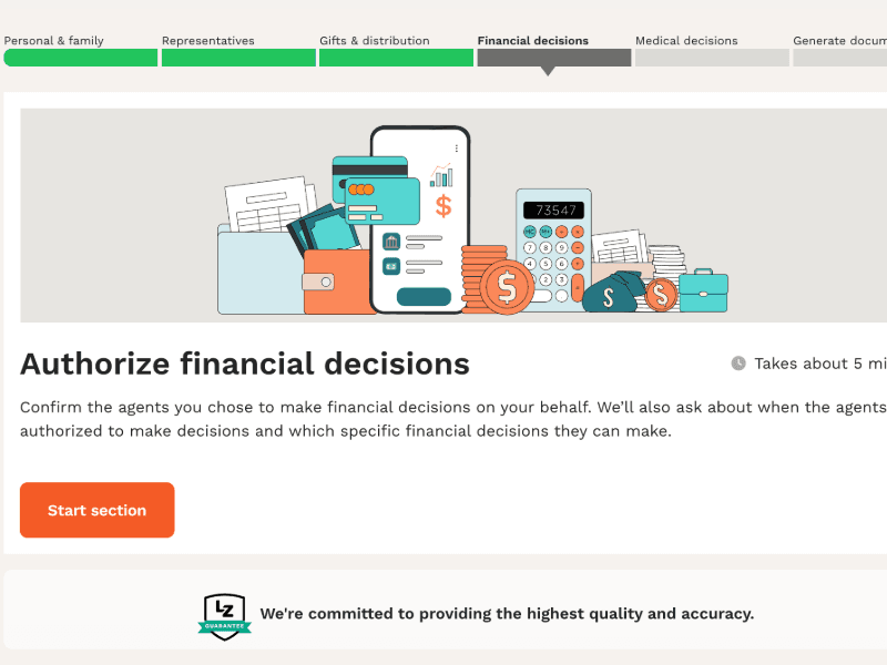 A screenshot of LegalZoom’s financial power of attorney page.