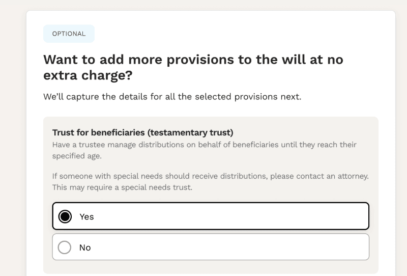 LegalZoom pop-up asking whether the user wants more provisions added to their will