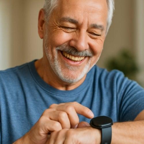 A smiling man looks down at a smartwatch on his wrist