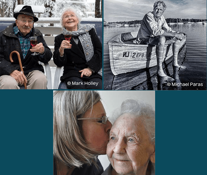 collage from Annual Report cover of two older adults on park bench, one older man sitting in rowboat, smiling older woman being kissed on the cheek by middle aged woman