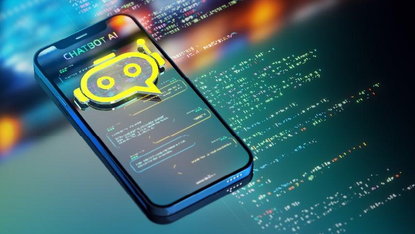 A cell phone has a Chatbot AI sitting on top of it signifying an AI voice scam is occurring.