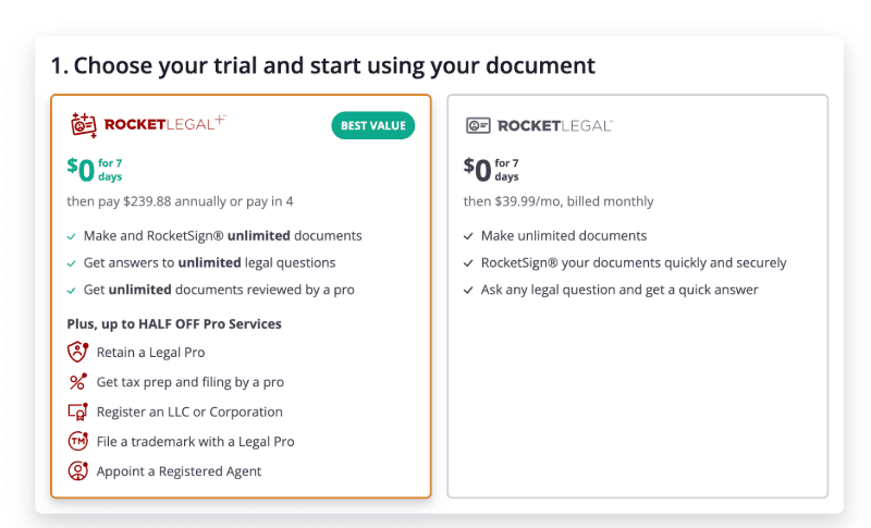 Rocket Legal’s will pricing options