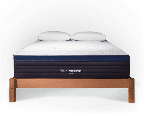 Helix Midnight Luxe mattress on wood bed frame