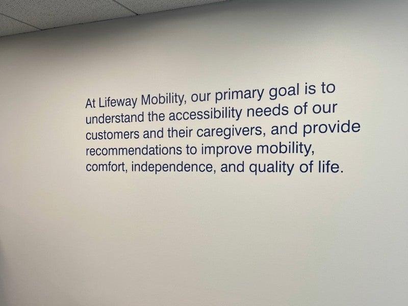 The Lifeway Mobility mission statement, printed on a wall.