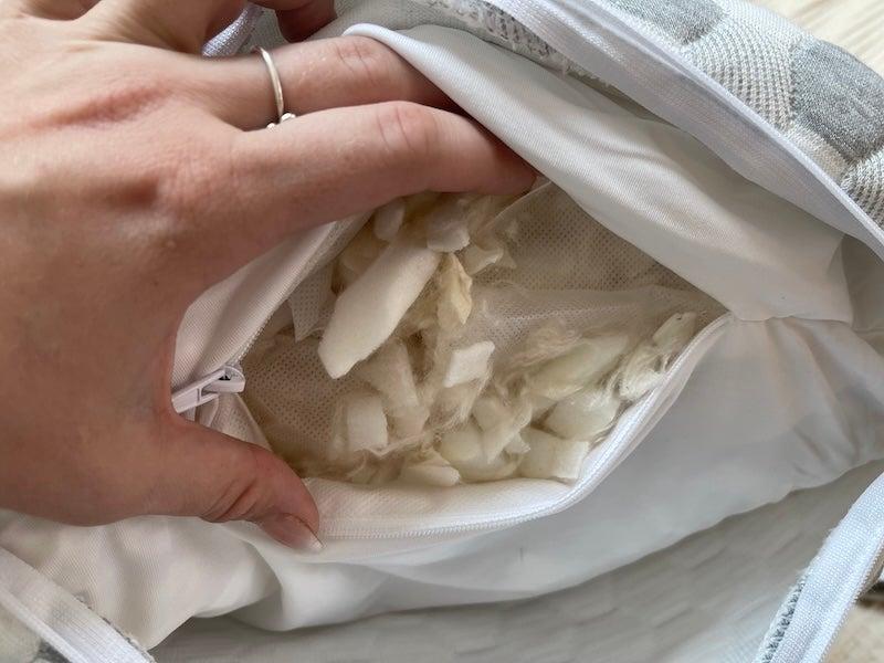 The shredded memory foam and kapok fiber interior.