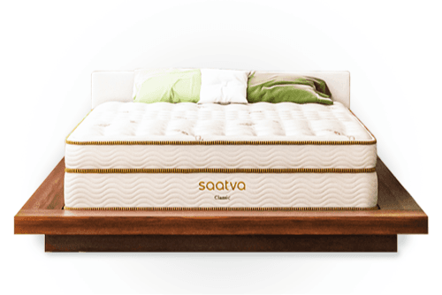 Saatva Classic mattress on wood platform bed