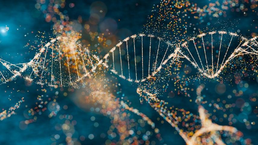 Abstract digital illustration of a glowing DNA double helix with colorful particles, representing genetics, biotechnology, or precision health.