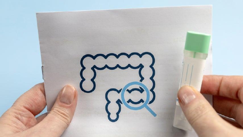 A drawn image of the small and large intestine on paper with a vile next to it, indicating a colorectal cancer test is being suggested.