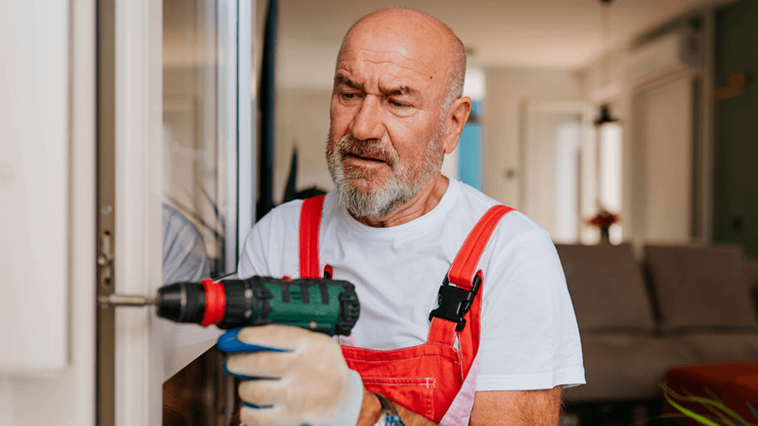 bald older man using power drill on window frame